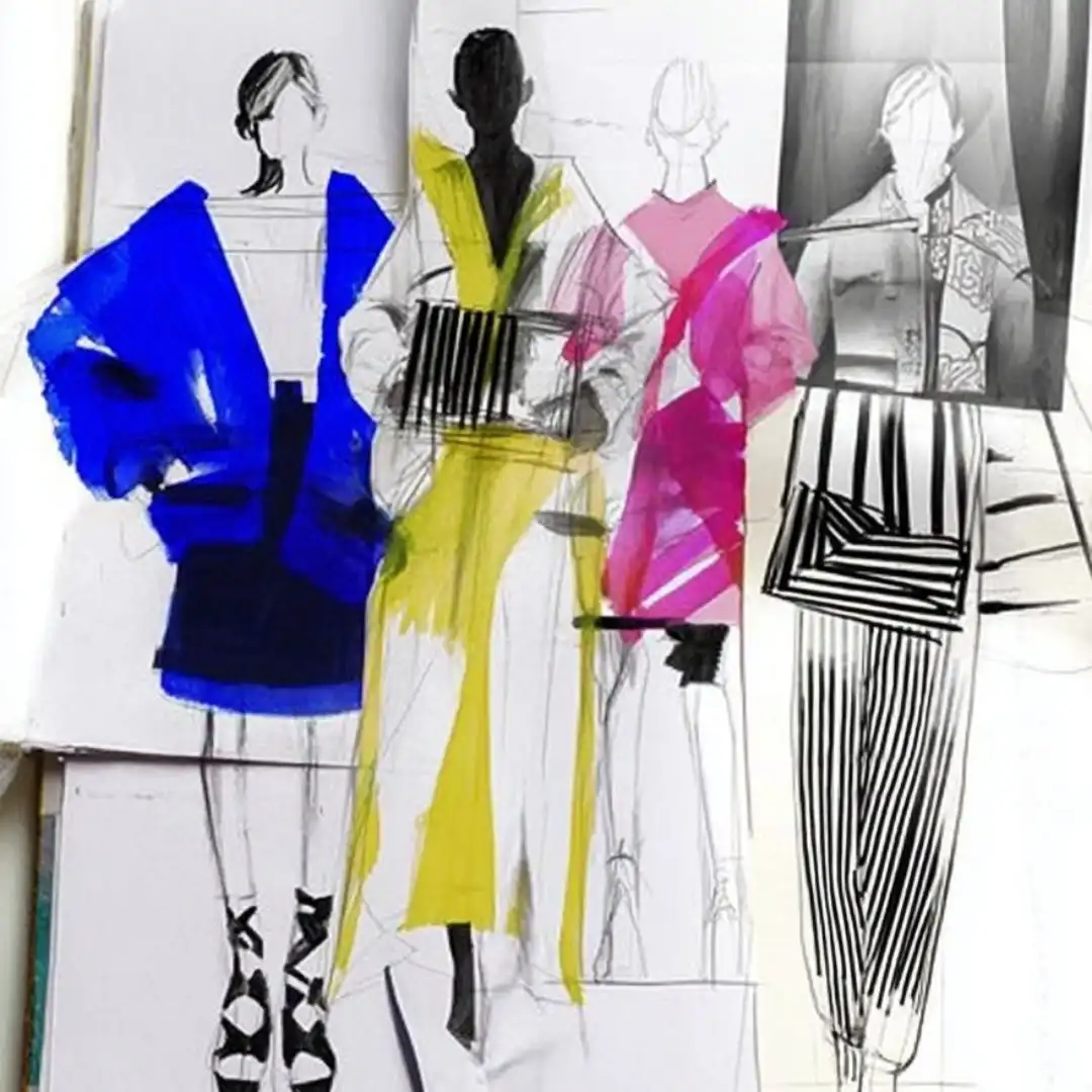 Bozzetti di moda con studio di silhouette e palette colori utilizzati nell’analisi delle tendenze moda e nel processo di progettazione Ready-to-Wear.
