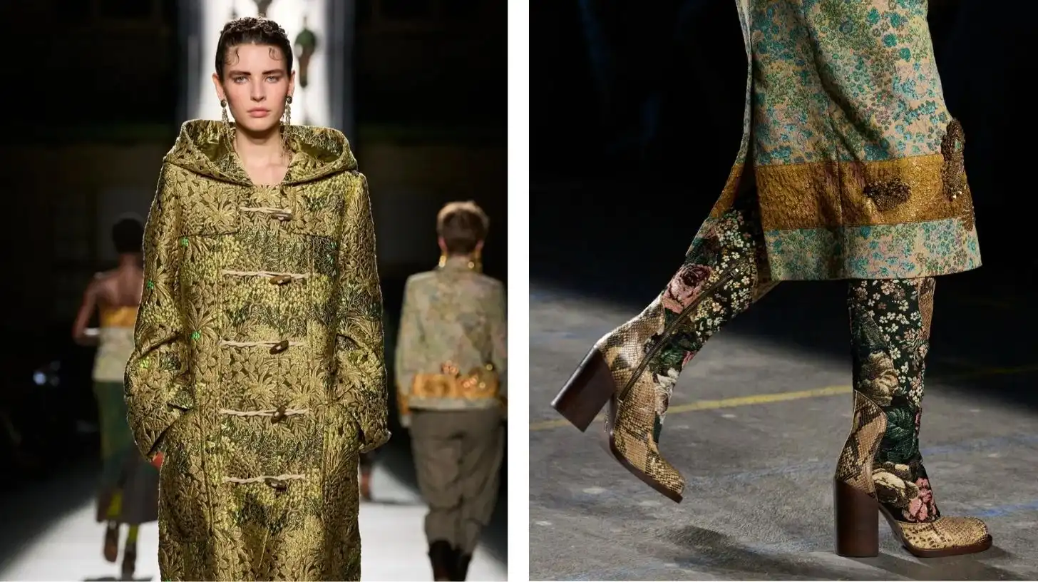 modamour ricerca visiva moda sfilata look jacquard e stivali stampati, archivio immagini runway e analisi pattern per trend forecasting